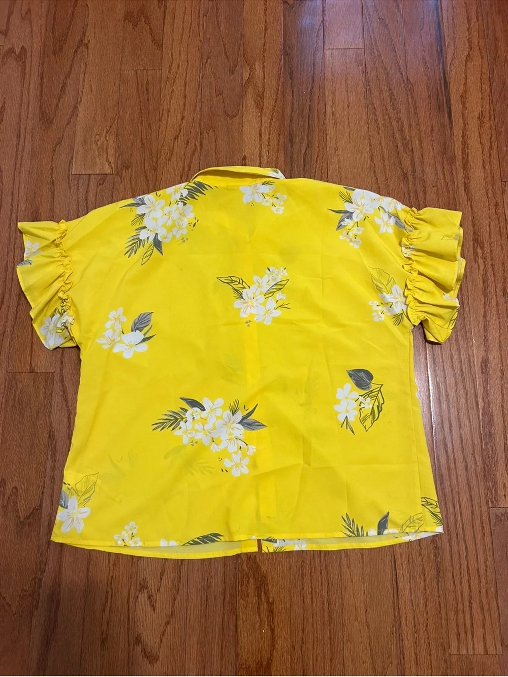 A New Day Yellow Floral Ruffle-Sleeve Button Front Blouse - Picture 7 of 7